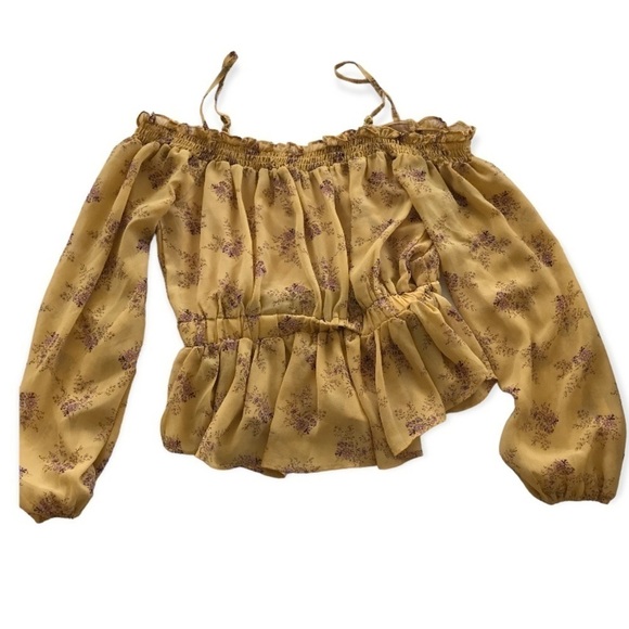 3/$15 Papermoon mustard yellow off shoulder floral print boho top - Picture 2 of 7